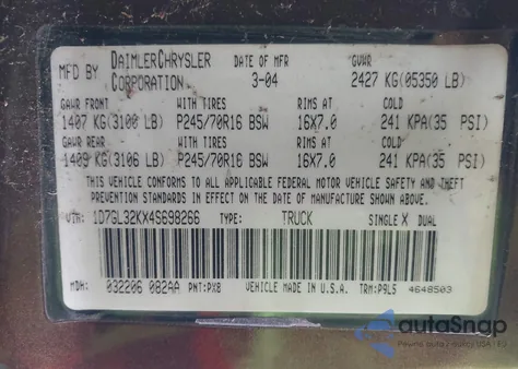2004 Dodge Dakota Sport z USA, uszkodzony, nr VIN 1D7GL32KX4S698266